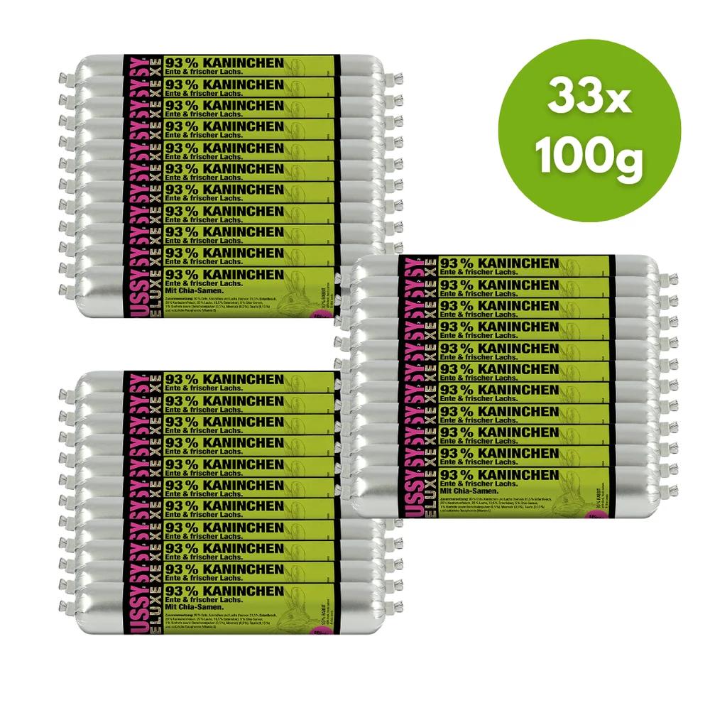 Pussy Deluxe Macskamenü - Nyúl, kacsa és friss lazac, chia maggal, 33x100g, Meatlove