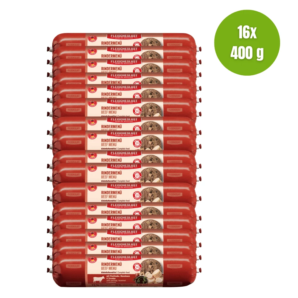 Marha menü paszternákkal, mogyoróval és hínárral, 16x400g, Meatlove