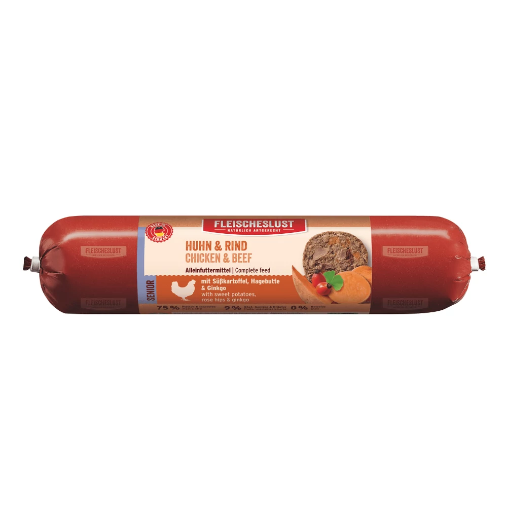 Senior csirke és marhahús édesburgonyával, csipkebogyóval és ginkgoval, 800g, Meatlove