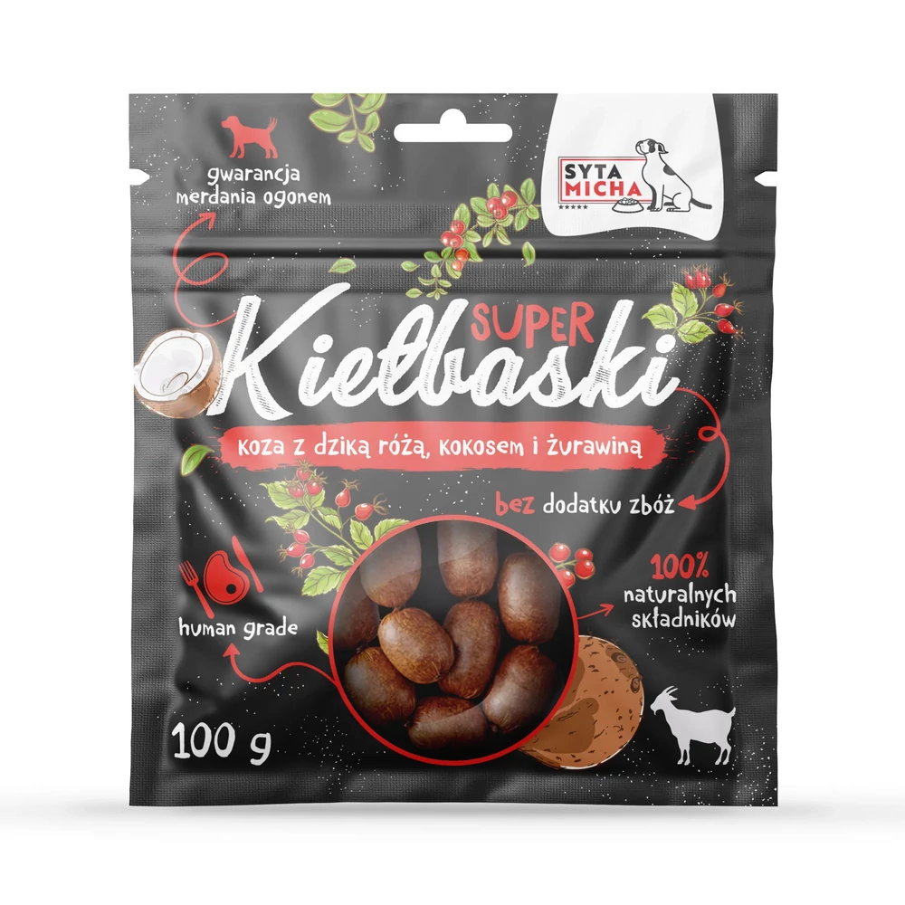 Super kolbász kutyáknak kecskével, vadrózsával és kókusszal , 100g, Syta Micha