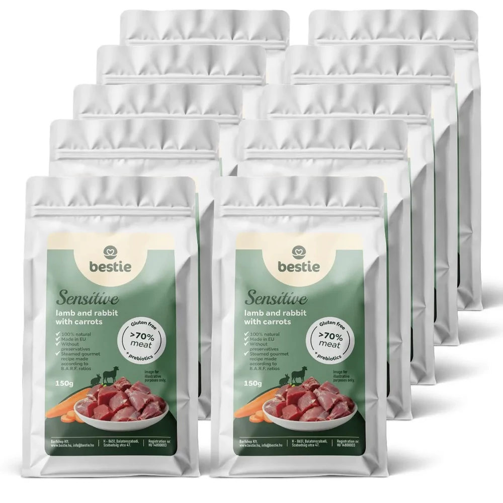 Bárány nyúllal és répával sensitive párolt menü kutyáknak, 8x150g, Bestie