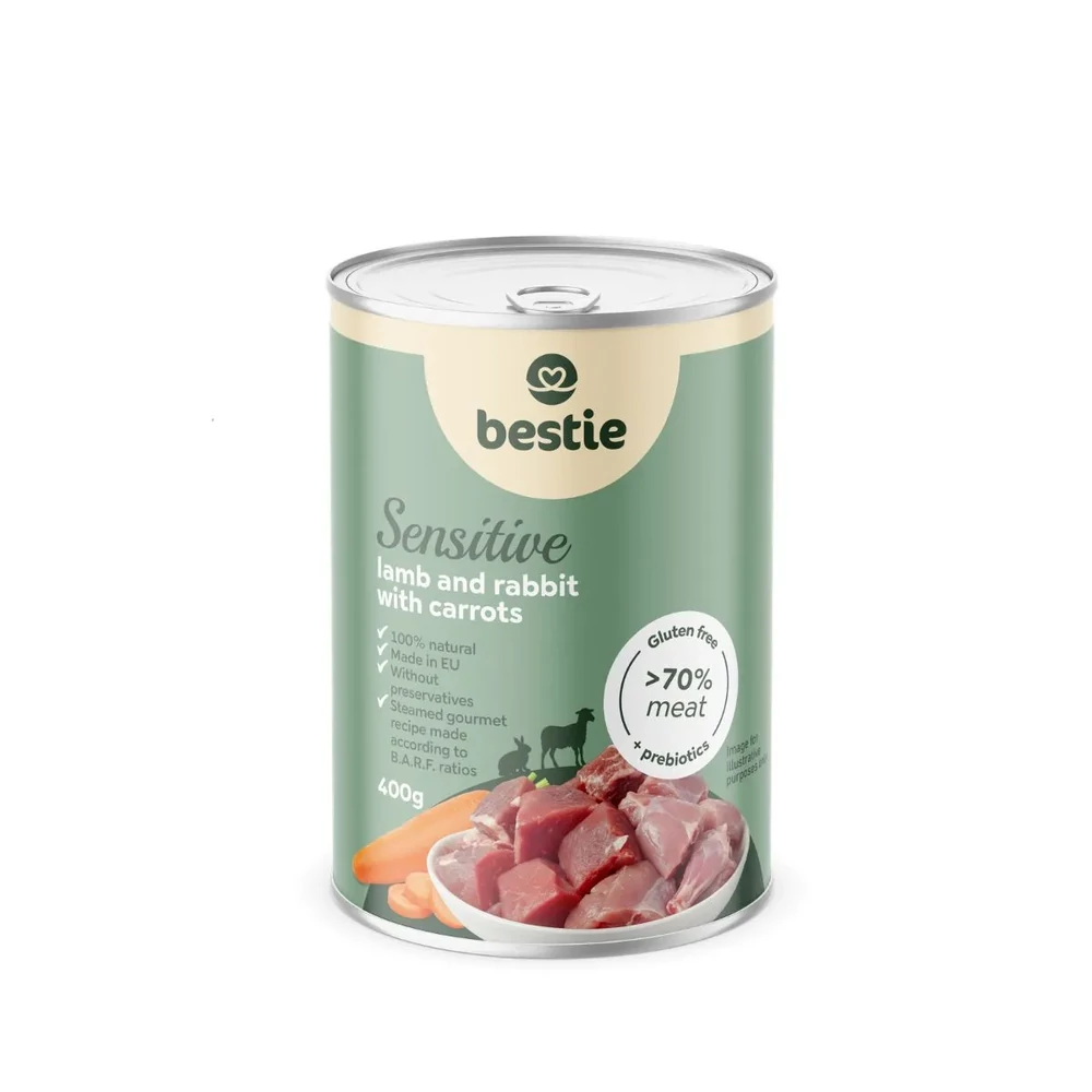 Bárány nyúllal és répával sensitive párolt menü kutyáknak, 400g, Bestie