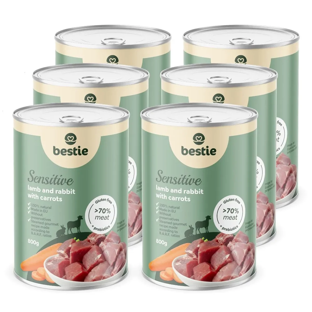Bárány nyúllal és répával sensitive párolt menü kutyáknak, 6x800g, Bestie