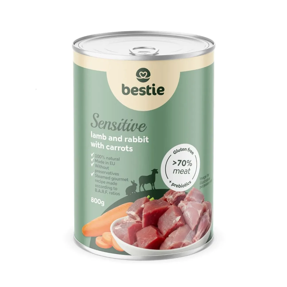 Bárány nyúllal és répával sensitive párolt menü kutyáknak, 800g, Bestie