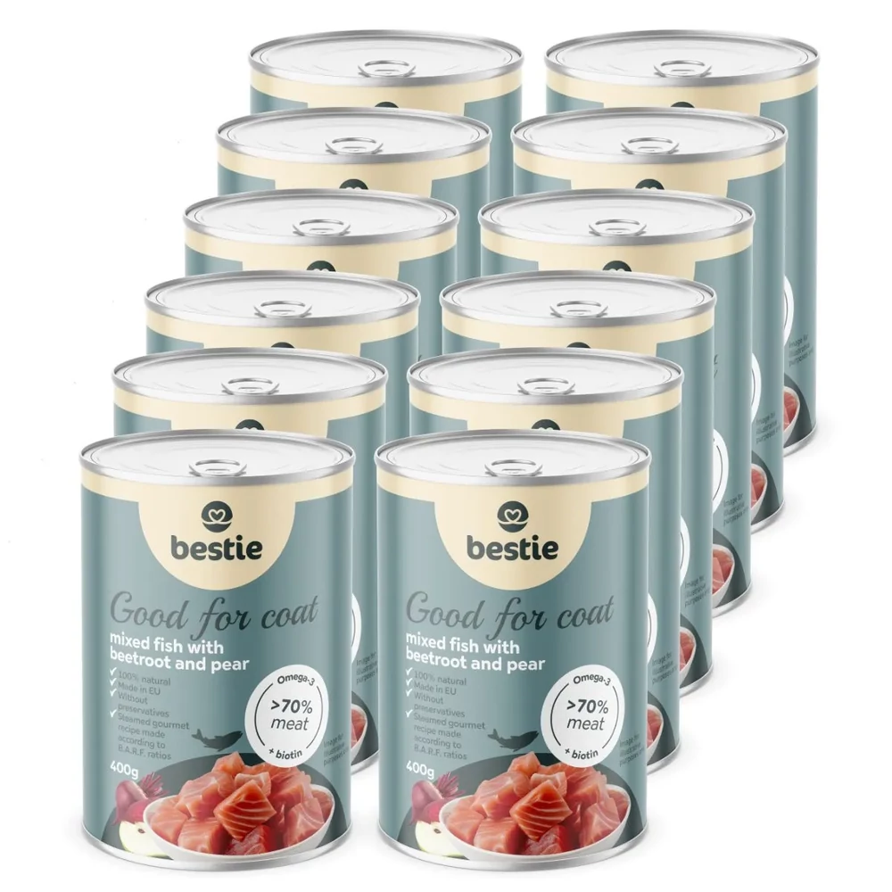 Hal céklával és körtével párolt menü kutyáknak az egészséges szőrért, 12x400g, Bestie