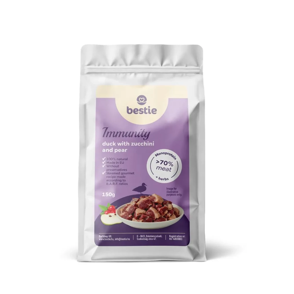 Kacsa cukkínivel és körtével immunrendszer támogató párolt menü kutyáknak, 150g, Bestie