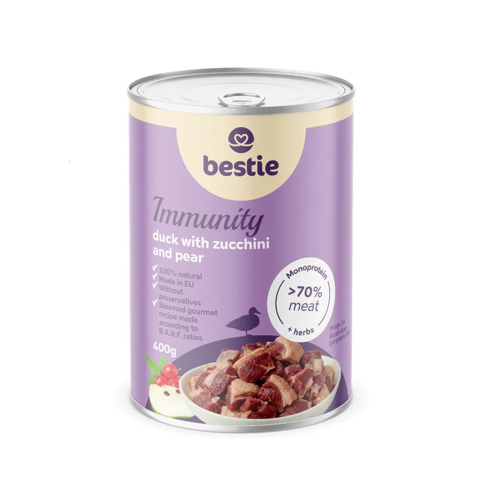 Kacsa cukkínivel és körtével immunrendszer támogató párolt menü kutyáknak, 400g, Bestie