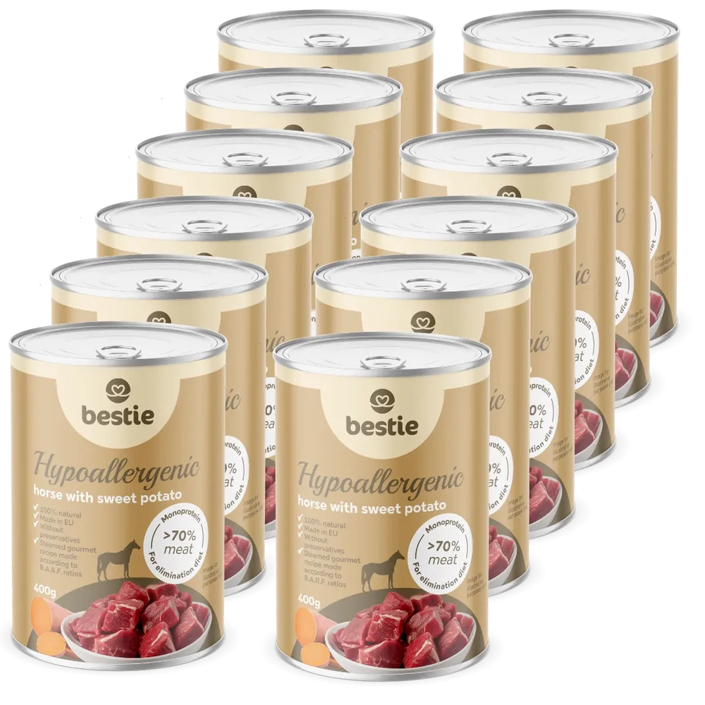 Ló édesburgonyával hipoallergén párolt menü kutyáknak, 12x400g, Bestie