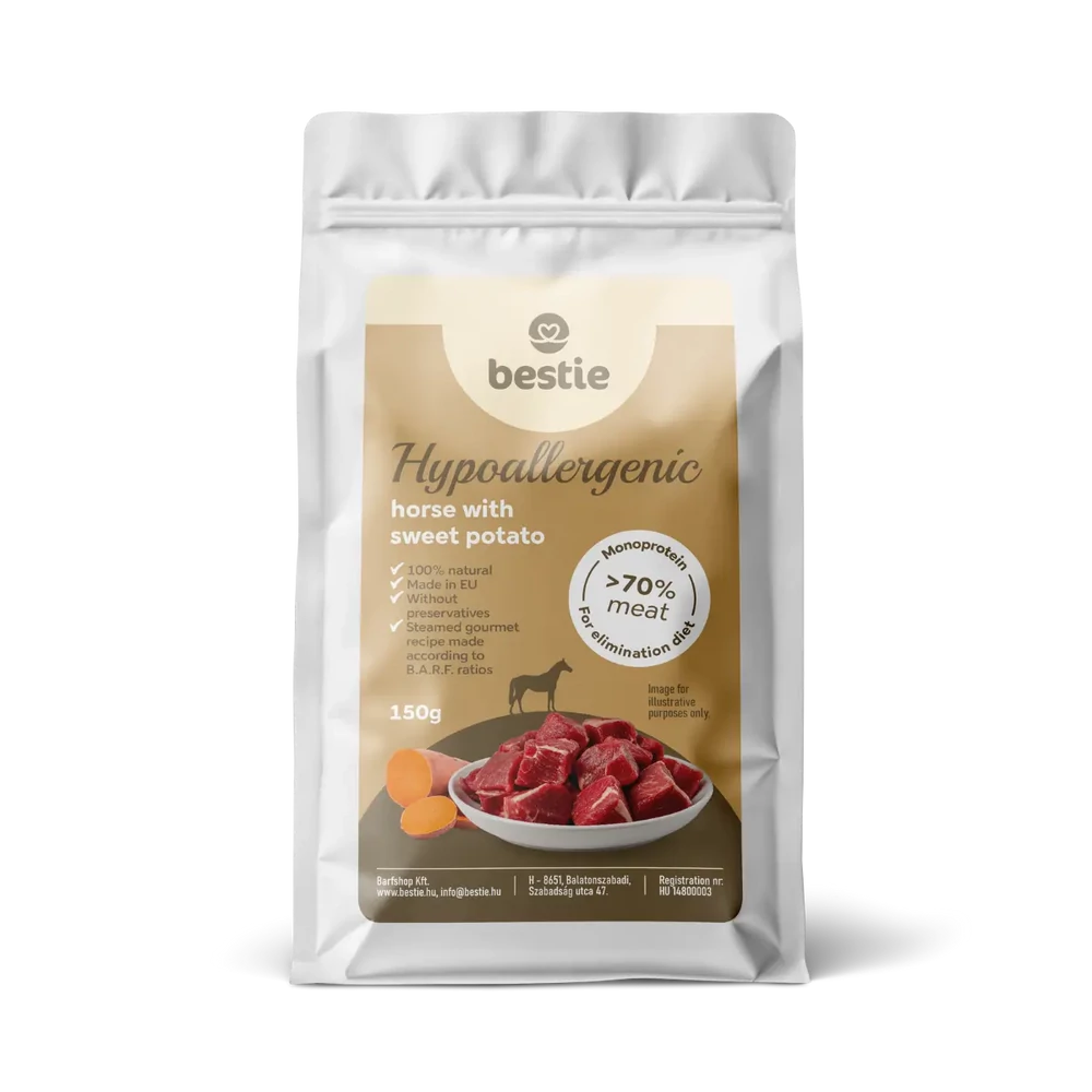 Ló édesburgonyával hipoallergén párolt menü kutyáknak, 150g, Bestie