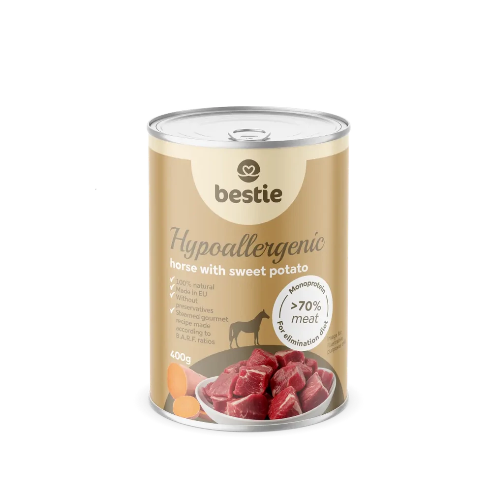 Ló édesburgonyával hipoallergén párolt menü kutyáknak, 400g, Bestie