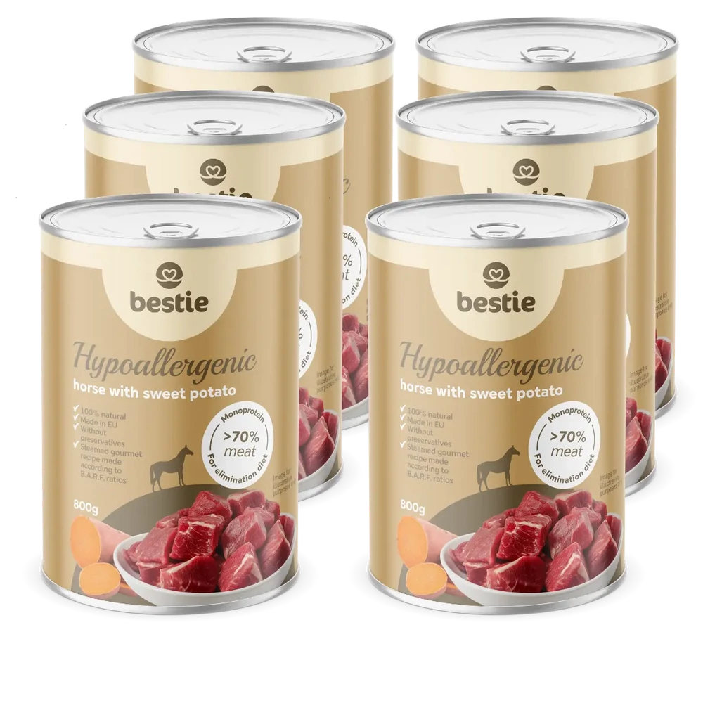 Ló édesburgonyával hipoallergén párolt menü kutyáknak, 6x800g, Bestie