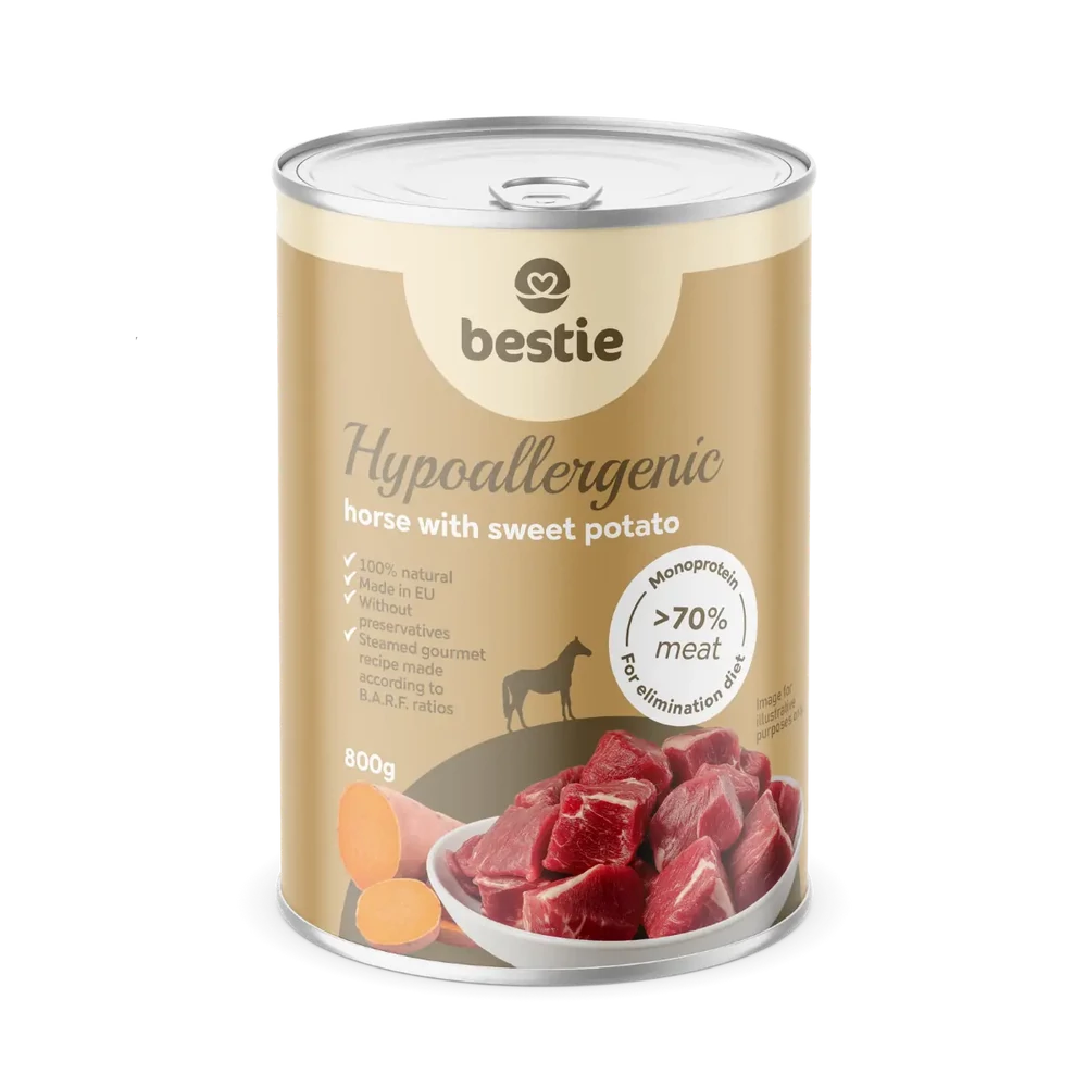 Ló édesburgonyával hipoallergén párolt menü kutyáknak, 800g, Bestie