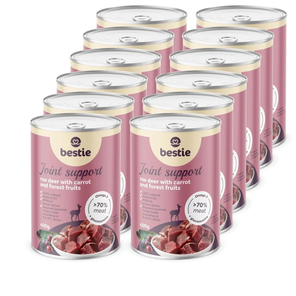 Őz répával és erdei gyümölccsel ízülettámogató párolt menü kutyáknak, 12x400g, Bestie