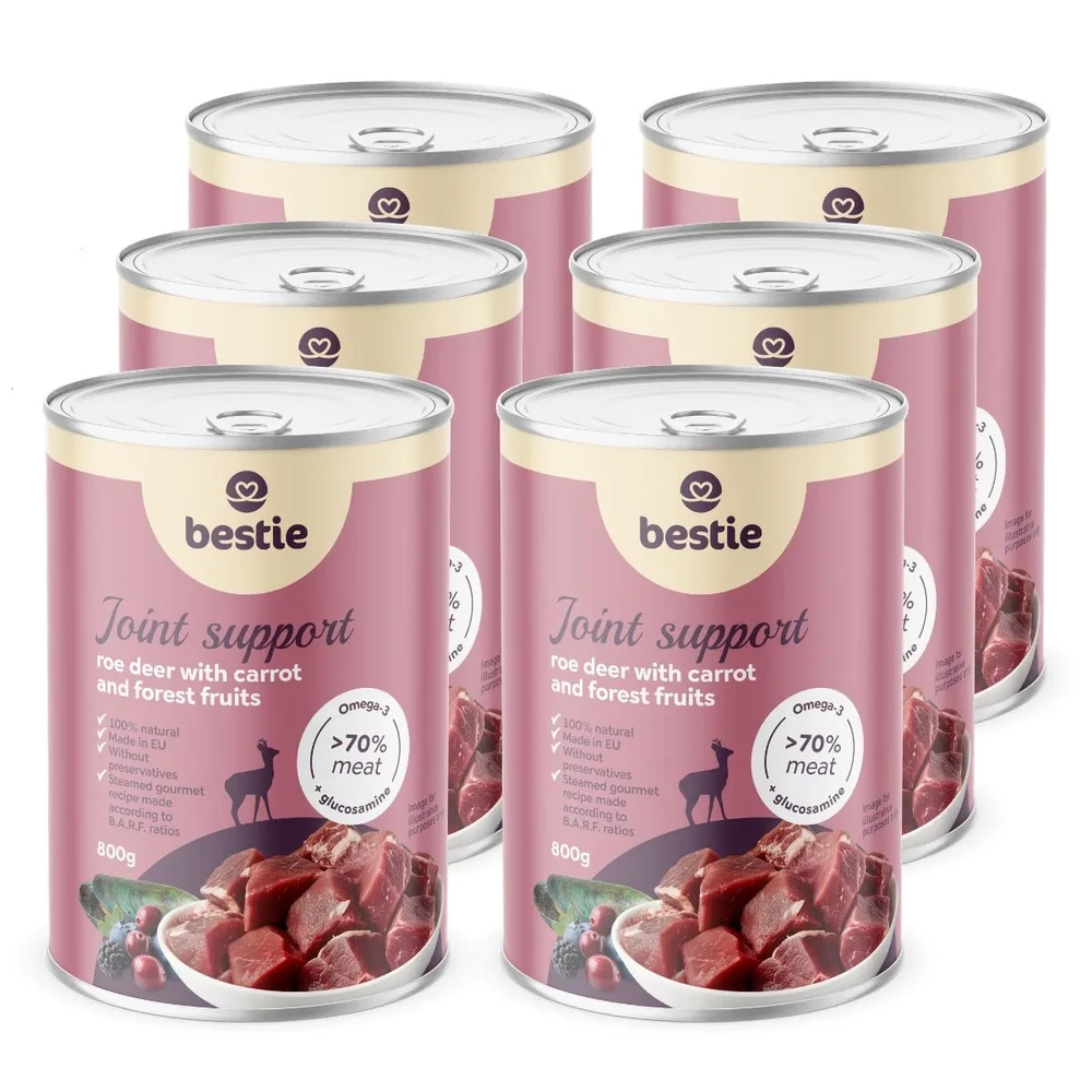 Őz répával és erdei gyümölccsel ízülettámogató párolt menü kutyáknak, 6x800g, Bestie