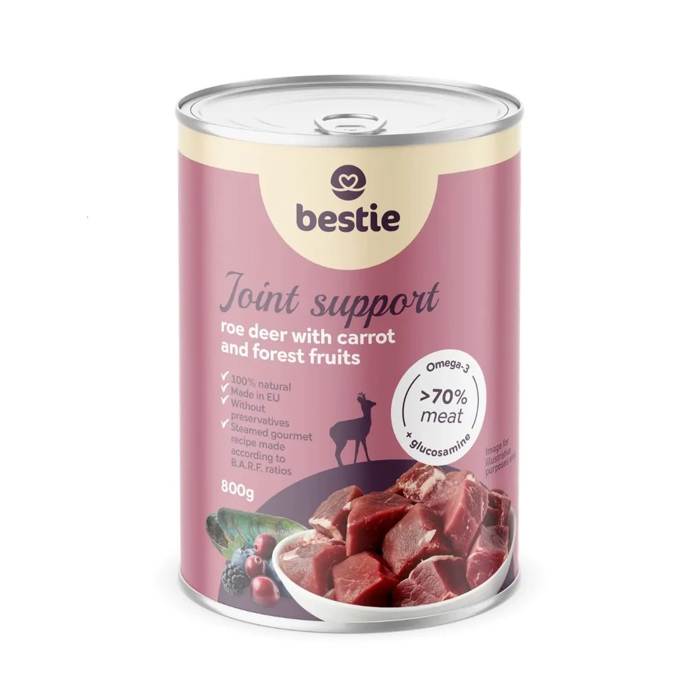 Őz répával és erdei gyümölccsel ízülettámogató párolt menü kutyáknak, 800g, Bestie