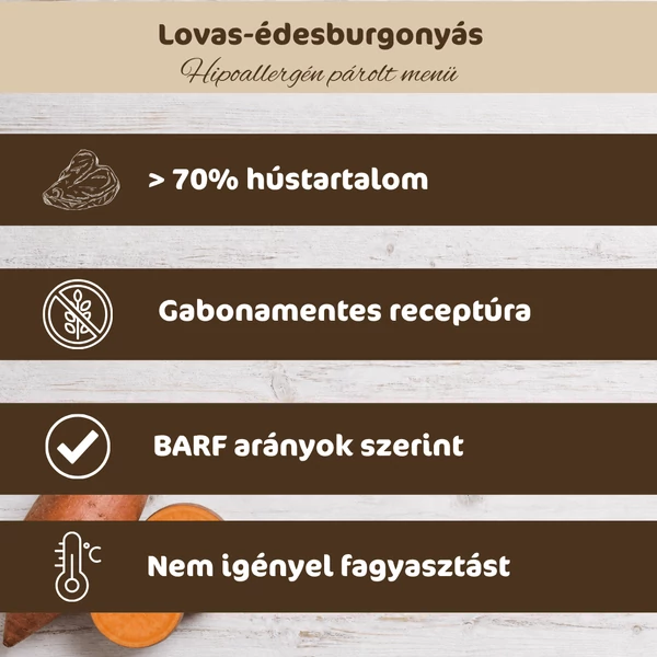 Ló édesburgonyával hipoallergén párolt menü kutyáknak, 150g, Bestie