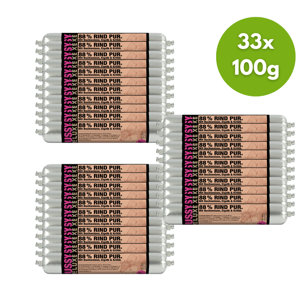 Pussy Deluxe Macskamenü - Tiszta marha hajdinával, tojássárgával és krill olajjal, 33x100g, Meatlove