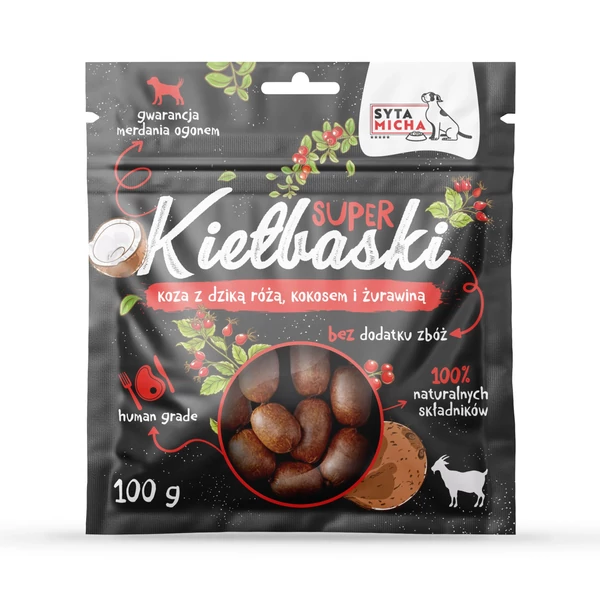 Super kolbász kutyáknak kecskével, vadrózsával és kókusszal , 100g, Syta Micha