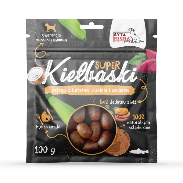 Super kolbász kutyáknak pisztránggal, édesburgonyával, cukkinivel és kókusszal, 100g, Syta Micha