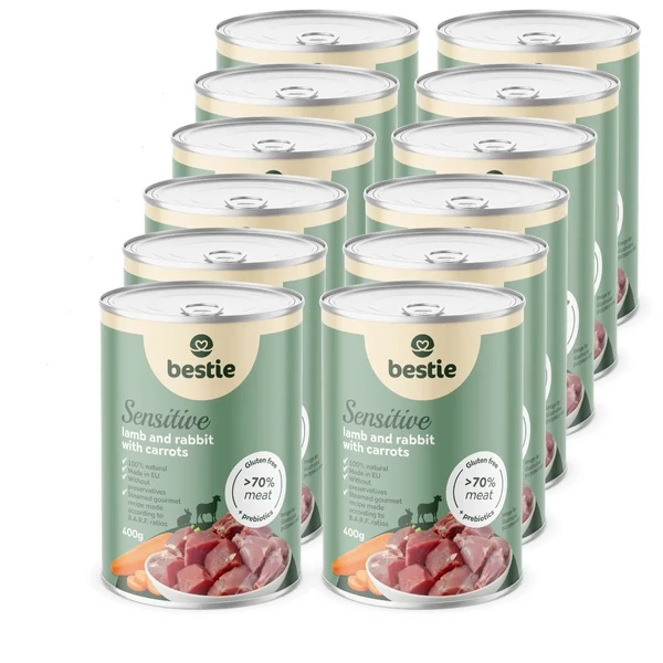 Bárány nyúllal és répával sensitive párolt menü kutyáknak, 12x400g, Bestie