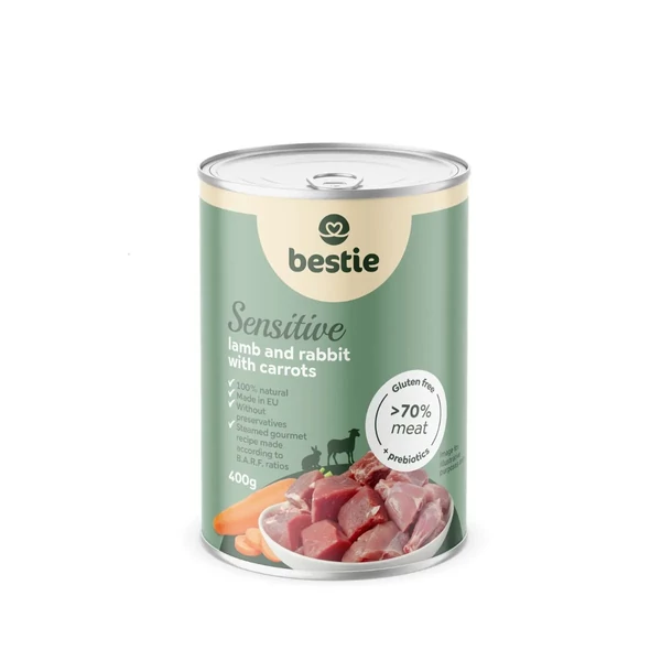 Bárány nyúllal és répával sensitive párolt menü kutyáknak, 400g, Bestie