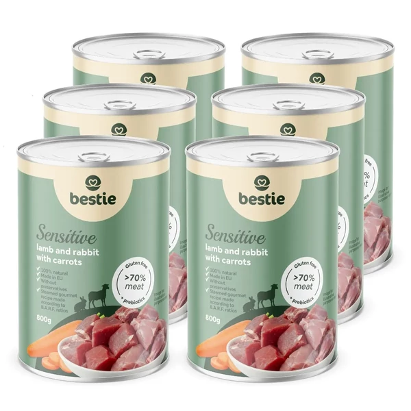 Bárány nyúllal és répával sensitive párolt menü kutyáknak, 6x800g, Bestie