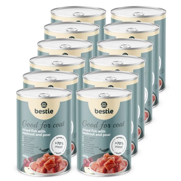 Hal céklával és körtével párolt menü kutyáknak az egészséges szőrért, 12x400g, Bestie