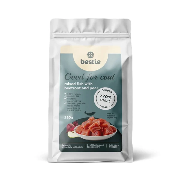 Hal céklával és körtével párolt menü kutyáknak az egészséges szőrért, 150g, Bestie