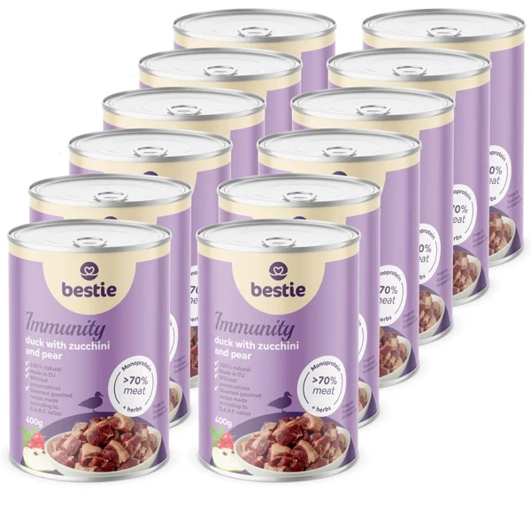 Kacsa cukkínivel és körtével immunrendszer támogató párolt menü kutyáknak, 12x400g, Bestie