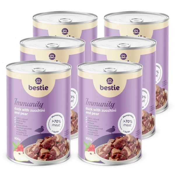 Kacsa cukkínivel és körtével immunrendszer támogató párolt menü kutyáknak, 6x800g, Bestie