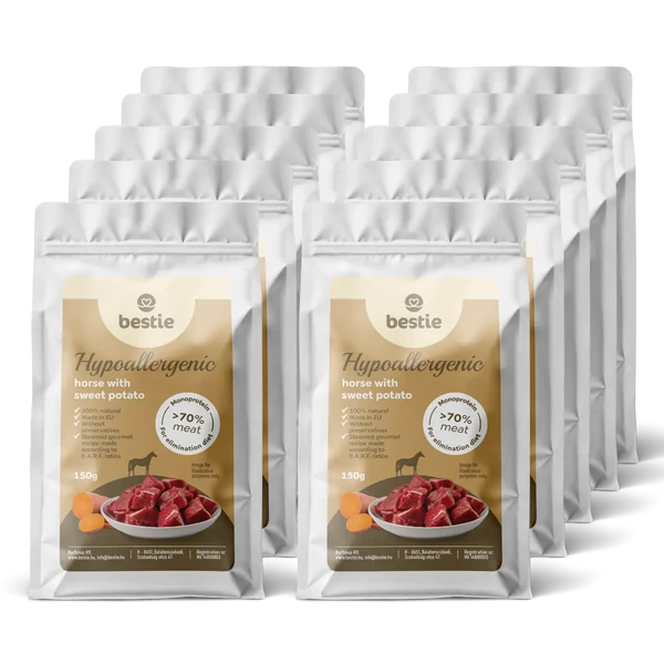 Ló édesburgonyával hipoallergén párolt menü kutyáknak, 10x150g, Bestie