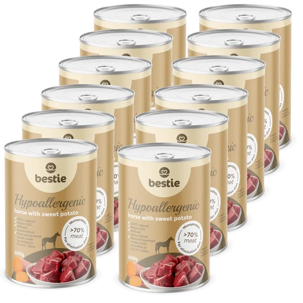 Ló édesburgonyával hipoallergén párolt menü kutyáknak, 12x400g, Bestie