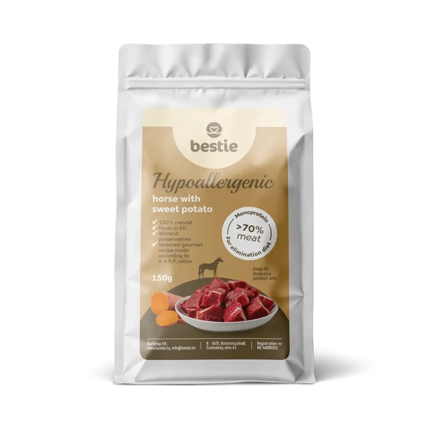 Ló édesburgonyával hipoallergén párolt menü kutyáknak, 150g, Bestie