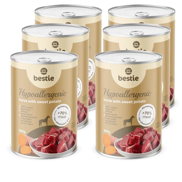 Ló édesburgonyával hipoallergén párolt menü kutyáknak, 6x800g, Bestie