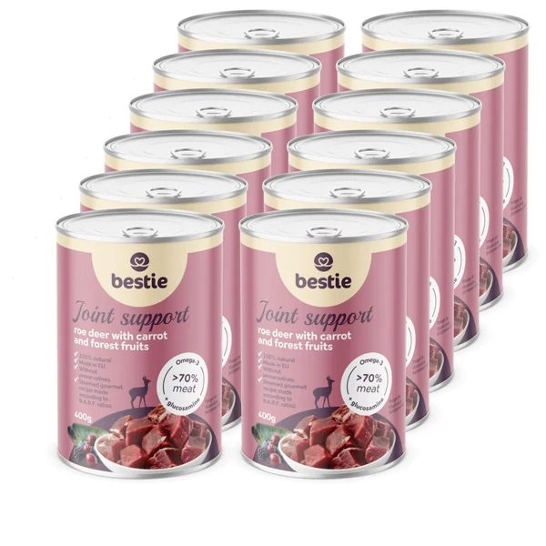 Őz répával és erdei gyümölccsel ízülettámogató párolt menü kutyáknak, 12x400g, Bestie