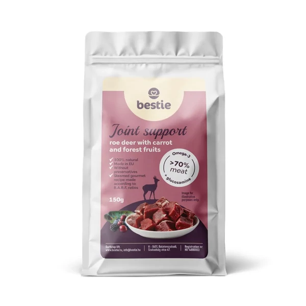 Őz répával és erdei gyümölccsel ízülettámogató párolt menü kutyáknak, 150g, Bestie