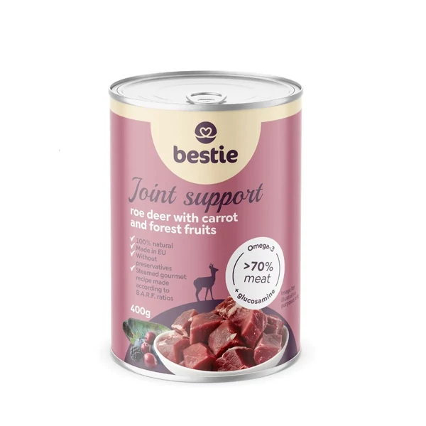 Őz répával és erdei gyümölccsel ízülettámogató párolt menü kutyáknak, 400g, Bestie