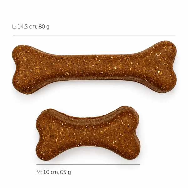 Dentie fogtisztító rágócsont M (10 cm, 65 g) és L (14,5 cm, 80 g) méretének összehasonlítása