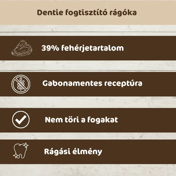 Dentie fogtisztító rágóka előnyei: 39% fehérjetartalom, gabonamentes receptúra, rágási élmény